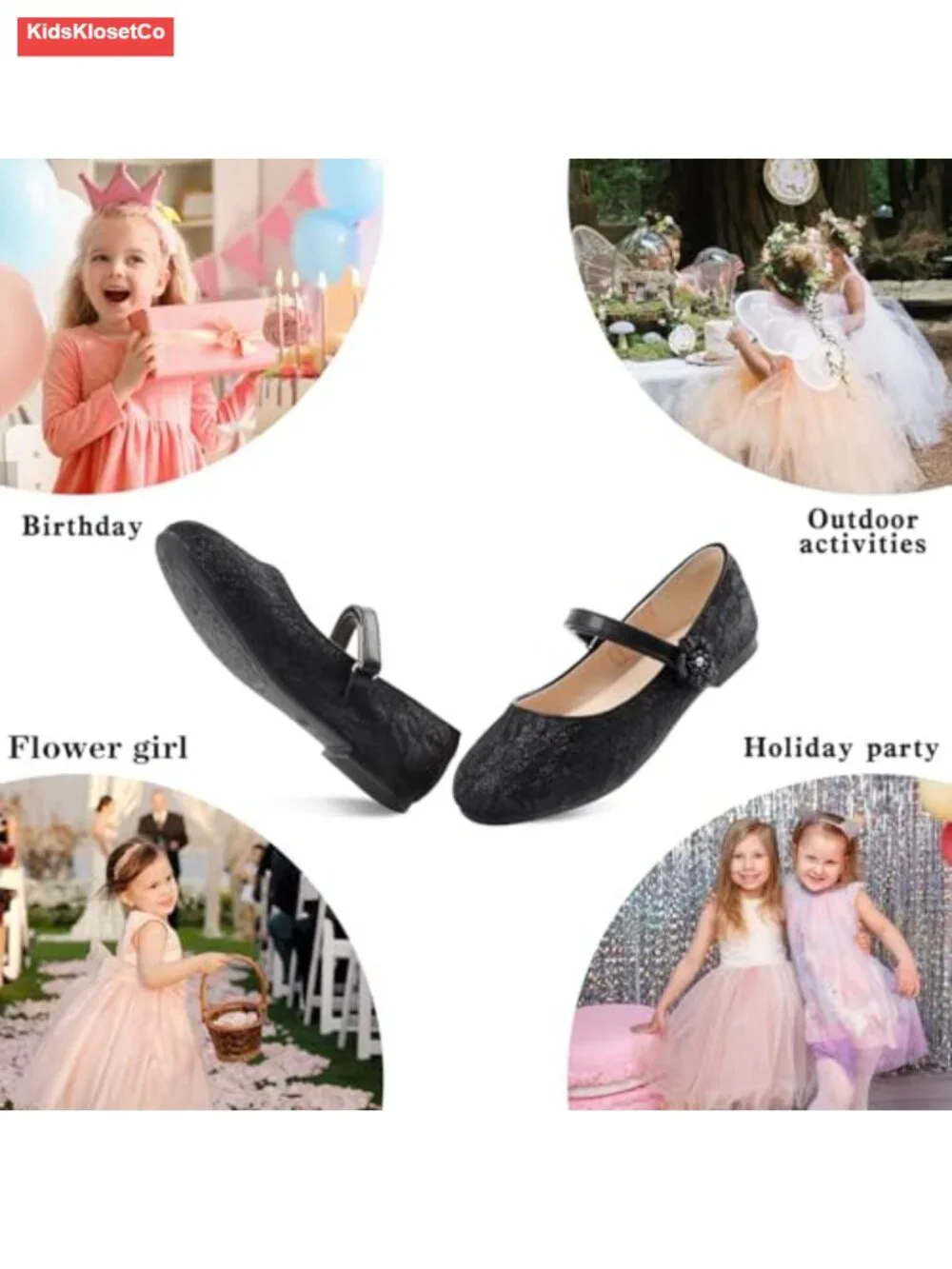 Girls Mary Jane Flats Dress Shoes with Adjustable Strap, Non-Slip Sole, Flower